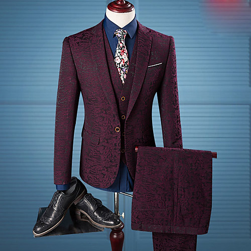 

Black / Burgundy / Navy Blue Patterned Tailored Fit Polyester Suit - Notch Single Breasted One-button / Suits