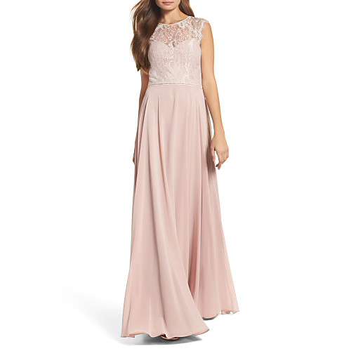 

A-Line Jewel Neck Floor Length Chiffon / Lace Bridesmaid Dress with Lace