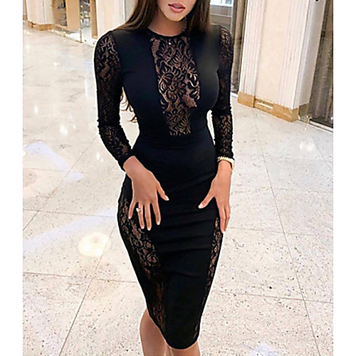 

Women's Sheath Dress - Long Sleeve Solid Colored Lace Sexy Cocktail Party New Year Going out Black S M L XL