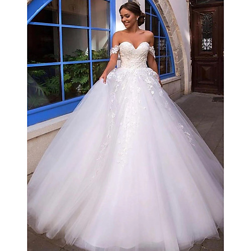 

Ball Gown Wedding Dresses Off Shoulder Court Train Lace Tulle Short Sleeve Country Romantic Illusion Detail Backless with Appliques 2021