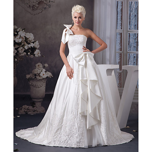 

A-Line Wedding Dresses One Shoulder Court Train Lace Organza Satin Spaghetti Strap with Bow(s) Beading Appliques 2021