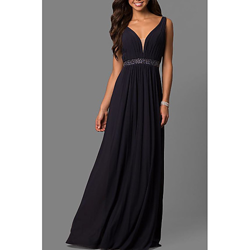 

A-Line Elegant Formal Evening Dress Plunging Neck Sleeveless Sweep / Brush Train Chiffon with Pleats Beading 2021