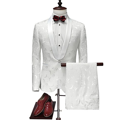 

White Patterned Tailored Fit Polyester Suit - Shawl Collar Single Breasted One-button