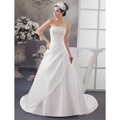 

A-Line Wedding Dresses Strapless Chapel Train Lace Satin Strapless with Ruched Beading Appliques 2021