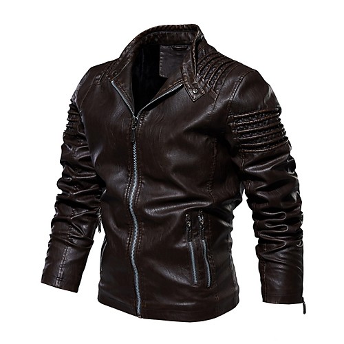

Men's Daily Fall & Winter EU / US Size Regular Leather Jacket, Solid Colored Stand Long Sleeve PU Black / Brown / Khaki