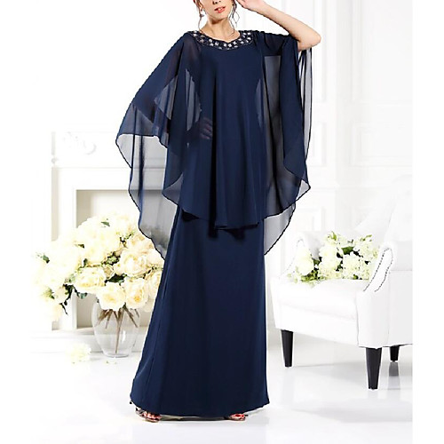 

A-Line Mother of the Bride Dress Elegant & Luxurious Jewel Neck Floor Length Chiffon Half Sleeve with Beading 2021