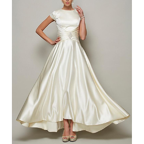

A-Line Mother of the Bride Dress Vintage Jewel Neck Ankle Length Stretch Satin Short Sleeve with Draping 2021
