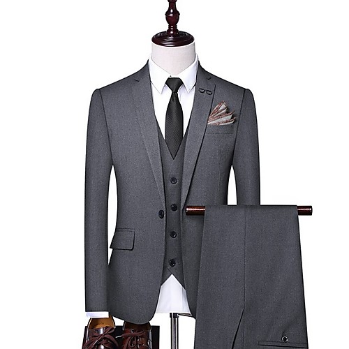 

Black / Brown / Gray Solid Colored Tailored Fit Polyester Suit - Notch Single Breasted One-button