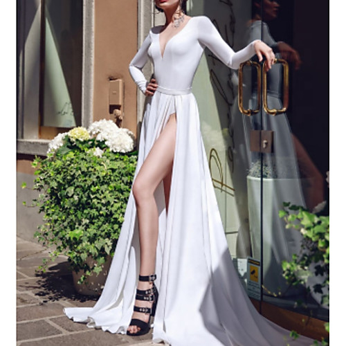 

Mermaid / Trumpet Wedding Dresses V Neck Chapel Train Satin Long Sleeve with Split Front 2021