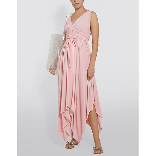 

A-Line Elegant Holiday Cocktail Party Dress Plunging Neck Sleeveless Asymmetrical Jersey with Sash / Ribbon Pleats 2021