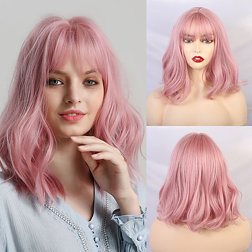 

Synthetic Wig Bangs Wavy Spiral Curl Side Part Neat Bang With Bangs Wig Pink Medium Length Brown Blonde Pink Blue Purple Synthetic Hair 14 inch Women's Cosplay Women Synthetic Pink Purple HAIR CUBE
