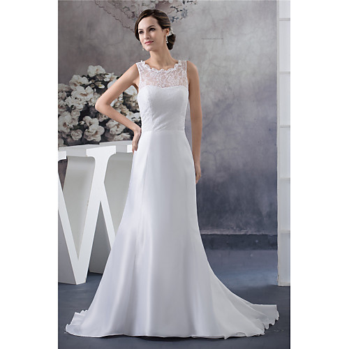 

Sheath / Column Wedding Dresses Jewel Neck Court Train Lace Satin Taffeta Regular Straps with Lace Insert 2021