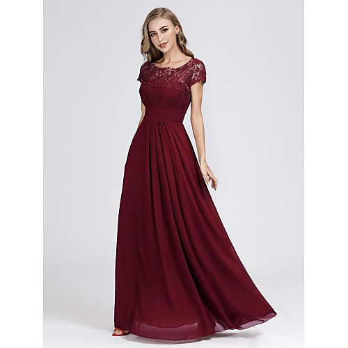 

A-Line Elegant & Luxurious Formal Evening Dress Jewel Neck Short Sleeve Floor Length Chiffon Lace with Lace Insert 2021