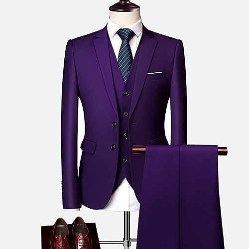 

Black / Purple / Red Slim Polyester Men's Suit - Shirt Collar