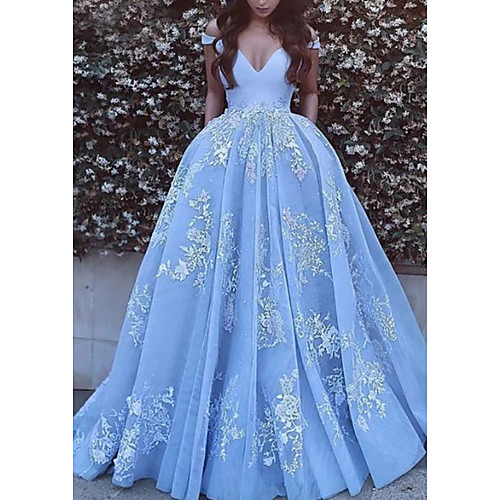 

Ball Gown Luxurious Floral Quinceanera Formal Evening Dress Off Shoulder Short Sleeve Chapel Train Tulle with Pleats Appliques 2021