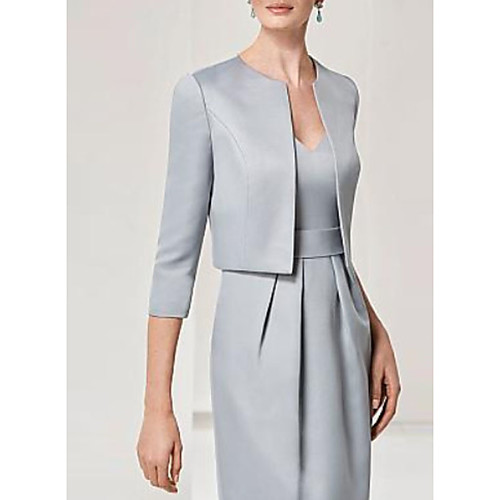 

Sheath / Column Mother of the Bride Dress Wrap Included Plunging Neck Knee Length Satin 3/4 Length Sleeve with Lace 2021