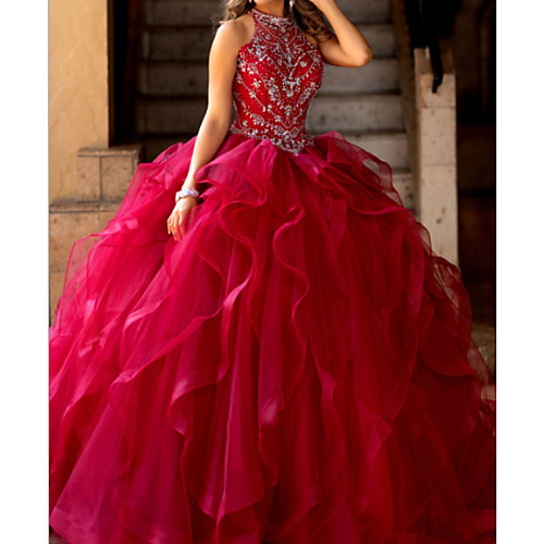 

A-Line Elegant Prom Formal Evening Dress Jewel Neck Sleeveless Floor Length Tulle with Crystals 2020