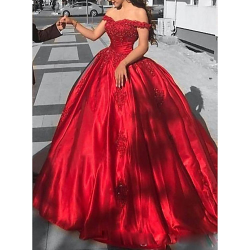 

Ball Gown Luxurious Sexy Quinceanera Formal Evening Valentine's Day Dress Off Shoulder Short Sleeve Chapel Train Lace Satin with Appliques 2021