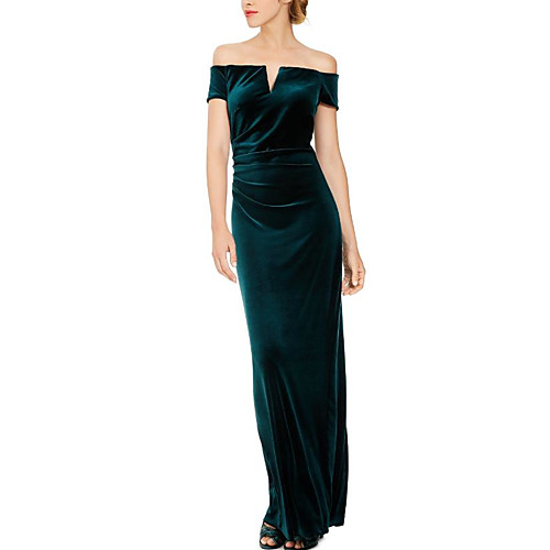 

Sheath / Column Elegant Engagement Formal Evening Dress Off Shoulder Short Sleeve Floor Length Velvet with Ruched Split Front 2021