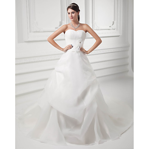 

A-Line Wedding Dresses Sweetheart Neckline Chapel Train Organza Satin Strapless with Pick Up Skirt Ruched 2021
