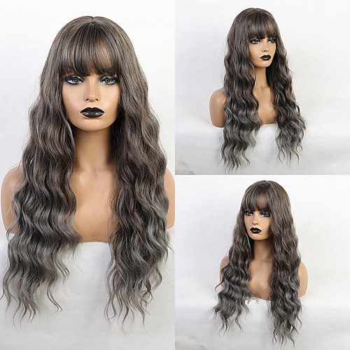 

Synthetic Wig Bangs Curly Water Wave Side Part Neat Bang With Bangs Wig Medium Length Ombre Color Synthetic Hair 24 inch Women's Cosplay Women Synthetic Dark Gray Brown HAIR CUBE / Ombre Hair
