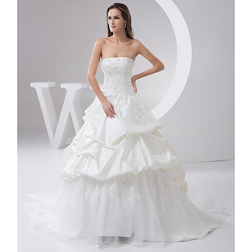 

A-Line Wedding Dresses Strapless Court Train Lace Organza Satin Strapless with Pick Up Skirt Beading Appliques 2021