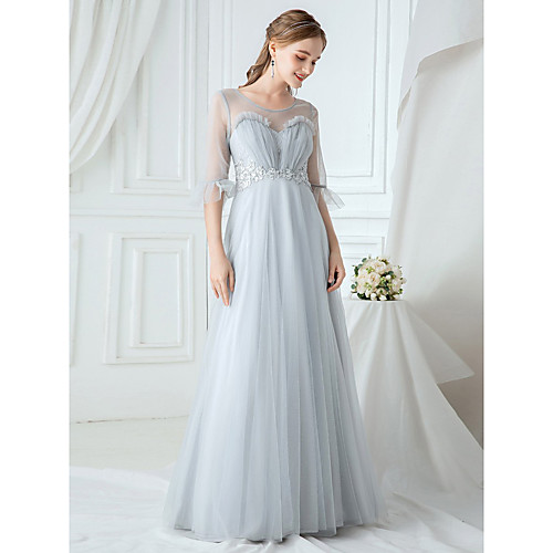 

A-Line Elegant & Luxurious Prom Dress Jewel Neck Half Sleeve Floor Length Lace Tulle with Lace Insert 2021