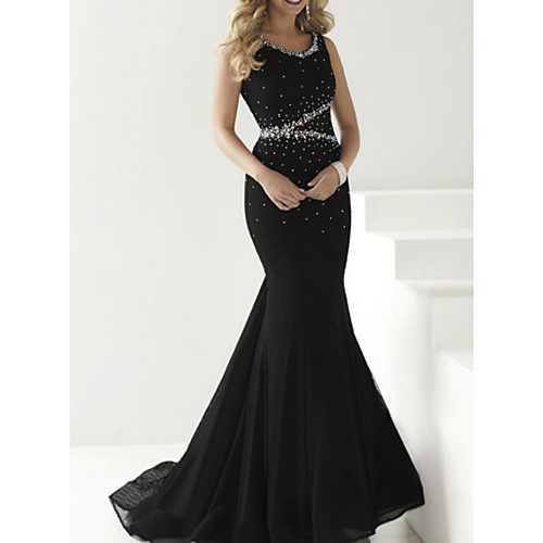 

Mermaid / Trumpet Sparkle Black Engagement Formal Evening Dress Jewel Neck Sleeveless Court Train Organza with Crystals Beading 2020