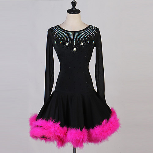 

Latin Dance Dress Feathers / Fur Crystals / Rhinestones Women's Performance Long Sleeve Spandex