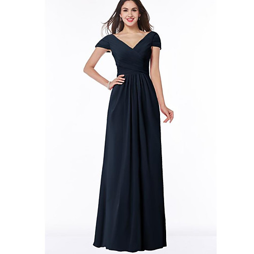 

A-Line V Neck Floor Length Chiffon Bridesmaid Dress with Ruching