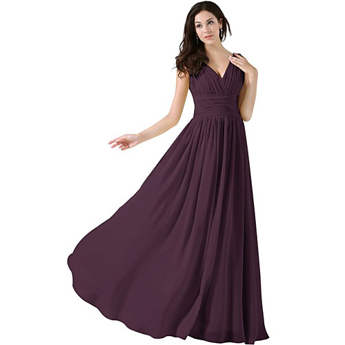 

A-Line Plunging Neck Floor Length Chiffon Bridesmaid Dress with Ruching