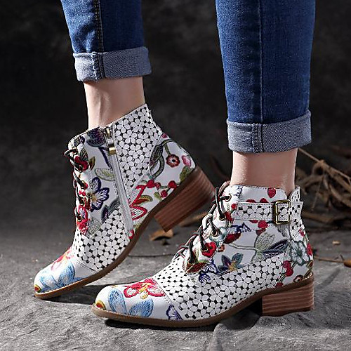 

Women's Boots Print Shoes Chunky Heel Pointed Toe PU Booties / Ankle Boots Summer Black / Red