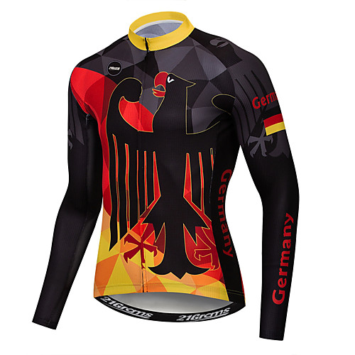 

21Grams Germany National Flag Men's Long Sleeve Cycling Jersey - Black / Red Bike Jersey Top UV Resistant Breathable Quick Dry Sports Winter Elastane Terylene Polyester Taffeta Mountain Bike MTB Road