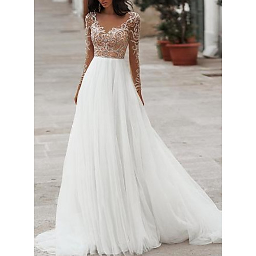 

A-Line Wedding Dresses V Neck Floor Length Tulle Long Sleeve Romantic Beach Boho See-Through Illusion Sleeve with Beading Embroidery 2021