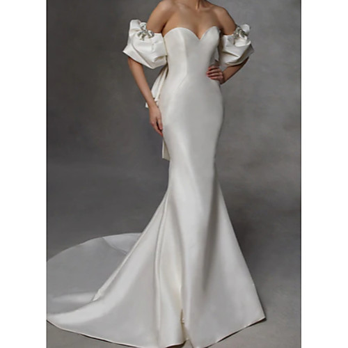 

Mermaid / Trumpet Wedding Dresses Sweetheart Neckline Court Train Charmeuse Short Sleeve Modern with Bow(s) Ruched 2020