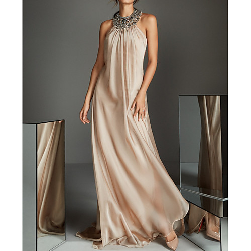 

Sheath / Column Beautiful Back Party Wear Formal Evening Dress Halter Neck Sleeveless Sweep / Brush Train Chiffon with Beading Sequin Draping 2021