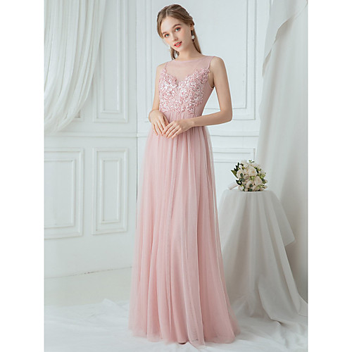 

A-Line Elegant & Luxurious Prom Dress Jewel Neck Sleeveless Floor Length Lace Tulle with Appliques 2021