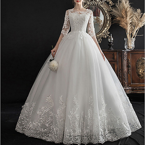 

A-Line Wedding Dresses Jewel Neck Sweep / Brush Train Lace Half Sleeve Glamorous See-Through Illusion Sleeve with Lace Insert Appliques 2021