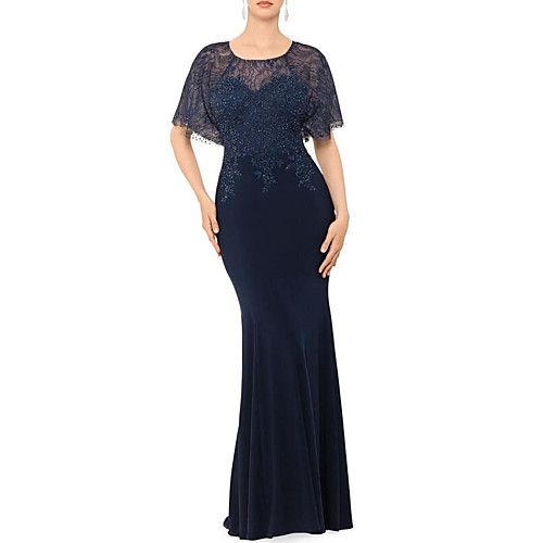 

Mermaid / Trumpet Elegant Formal Evening Dress Jewel Neck Short Sleeve Floor Length Lace Matte Satin with Beading 2021