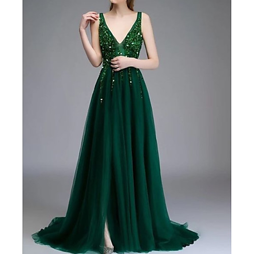 

A-Line Elegant Prom Formal Evening Dress V Neck Sleeveless Sweep / Brush Train Chiffon with Beading Sequin 2021