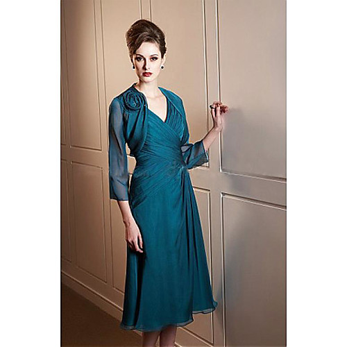 

Two Piece A-Line Mother of the Bride Dress Wrap Included Plunging Neck Tea Length Chiffon 3/4 Length Sleeve with Appliques Ruching 2021