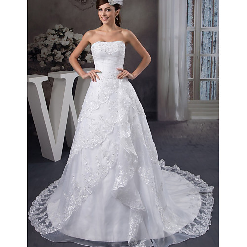 

A-Line Wedding Dresses Strapless Chapel Train Lace Organza Satin Strapless with Beading Appliques Cascading Ruffles 2021