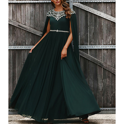 

A-Line Luxurious Prom Formal Evening Dress Jewel Neck Sleeveless Floor Length Chiffon with Pleats Crystals Beading 2021