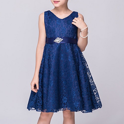 

A-Line V Neck Knee Length Lace Junior Bridesmaid Dress with Sash / Ribbon