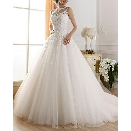 

A-Line Wedding Dresses Jewel Neck Sweep / Brush Train Tulle Regular Straps Glamorous Illusion Detail Backless with Lace Insert 2021