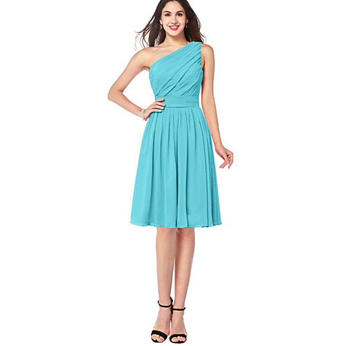 

A-Line One Shoulder Knee Length Chiffon Bridesmaid Dress with Pleats / Ruching