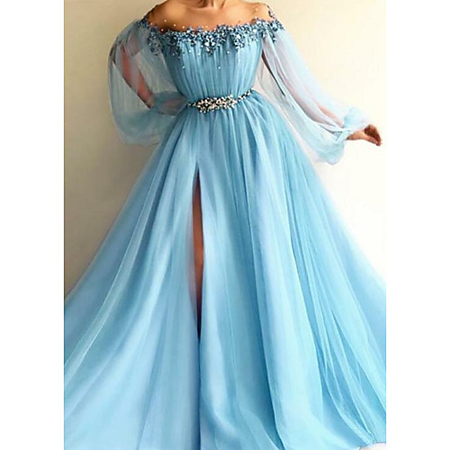 

A-Line Elegant Formal Evening Dress Off Shoulder Long Sleeve Sweep / Brush Train Tulle with Beading Appliques Split Front 2021