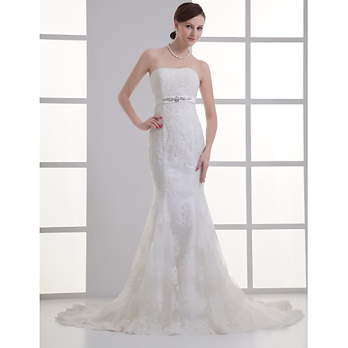 

Mermaid / Trumpet Wedding Dresses Strapless Court Train Lace Satin Strapless with Sashes / Ribbons Beading Appliques 2021