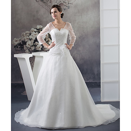 

Ball Gown Wedding Dresses V Neck Chapel Train Organza Satin Long Sleeve Illusion Sleeve with Lace Ruched 2021