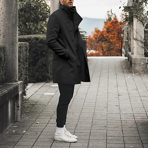 

Men's Solid Colored Fall & Winter Trench Coat Long Daily Long Sleeve Polyester Coat Tops Black
